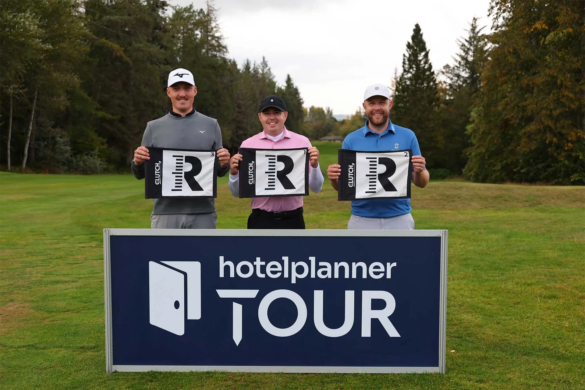 Paul McBride (right), Ben Hutchinson, Giles Evans at Slayley Hall after securing promotion to the HotelPlanner Tour. (Photo Credit: Andy Crook)