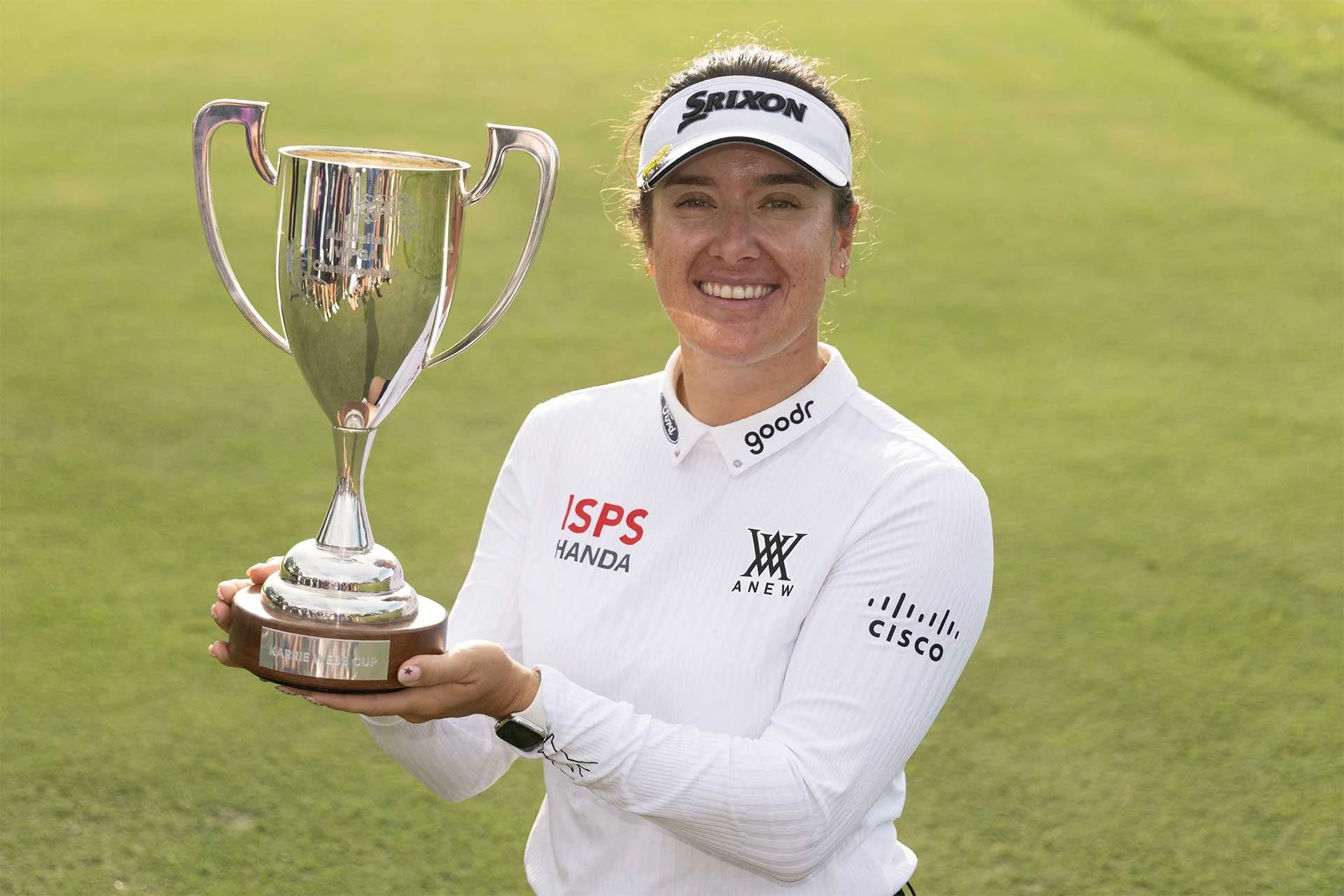 Australia’s Hannah Green with the trophy after winning the Australian WPGA Championship as she cruised to a four-shot victory to make it three wins in her last three starts (Photo: Ladies European Tour)