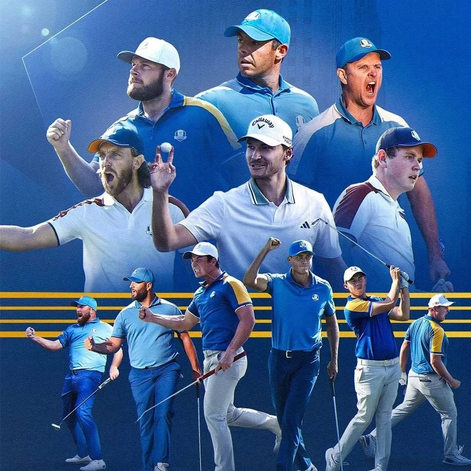 Collage of European Ryder Cup Team in team colours ahead of the 2025 Ryder Cup at Bethpage Black in New York.
