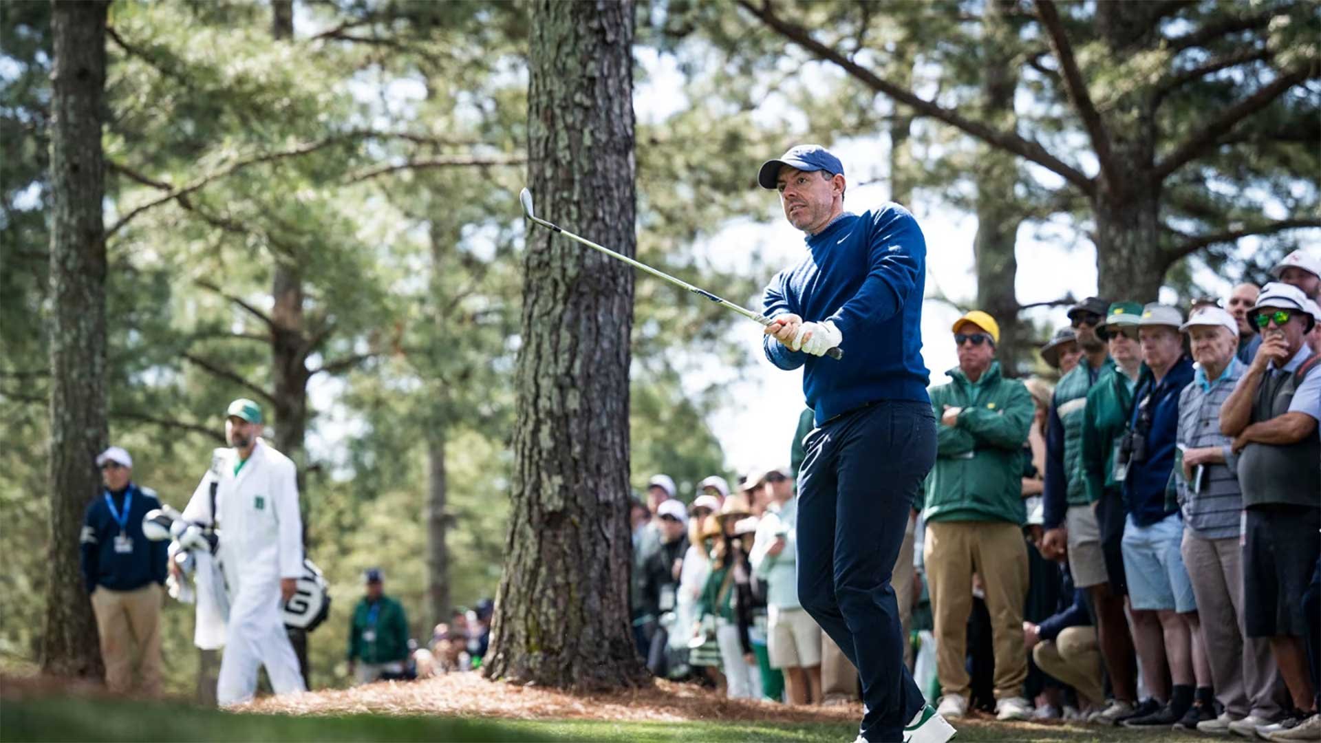 Masters champion Rory McIlroy on the first hole during the first round of the Masters. (Photo: Logan Whitton/Augusta National)