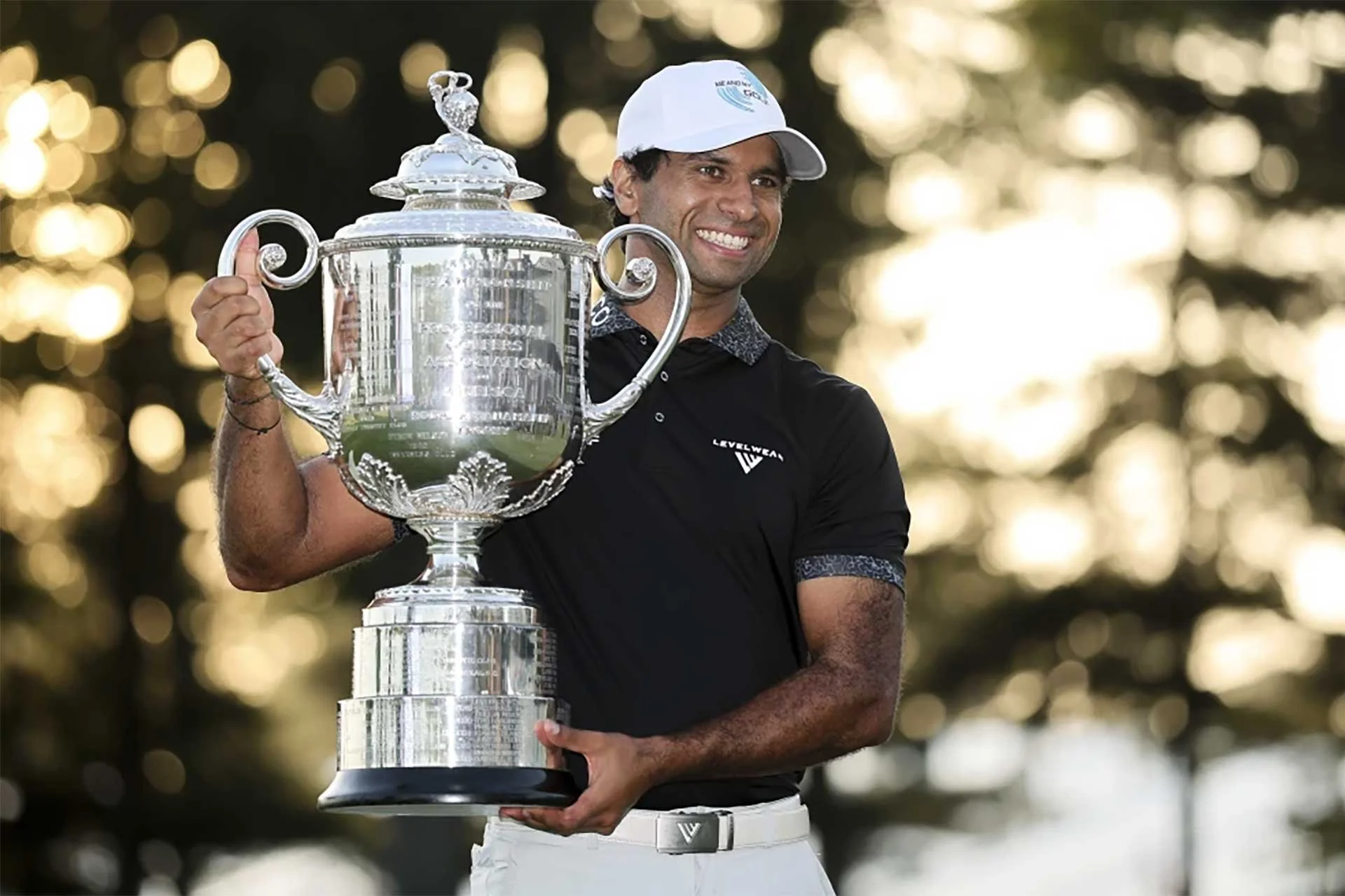England’s Aaron Rai holds the Wanamaker Trophy after winning his first Major at the PGA Championship at Aronimink Golf Club (Photo: PGA Championship)