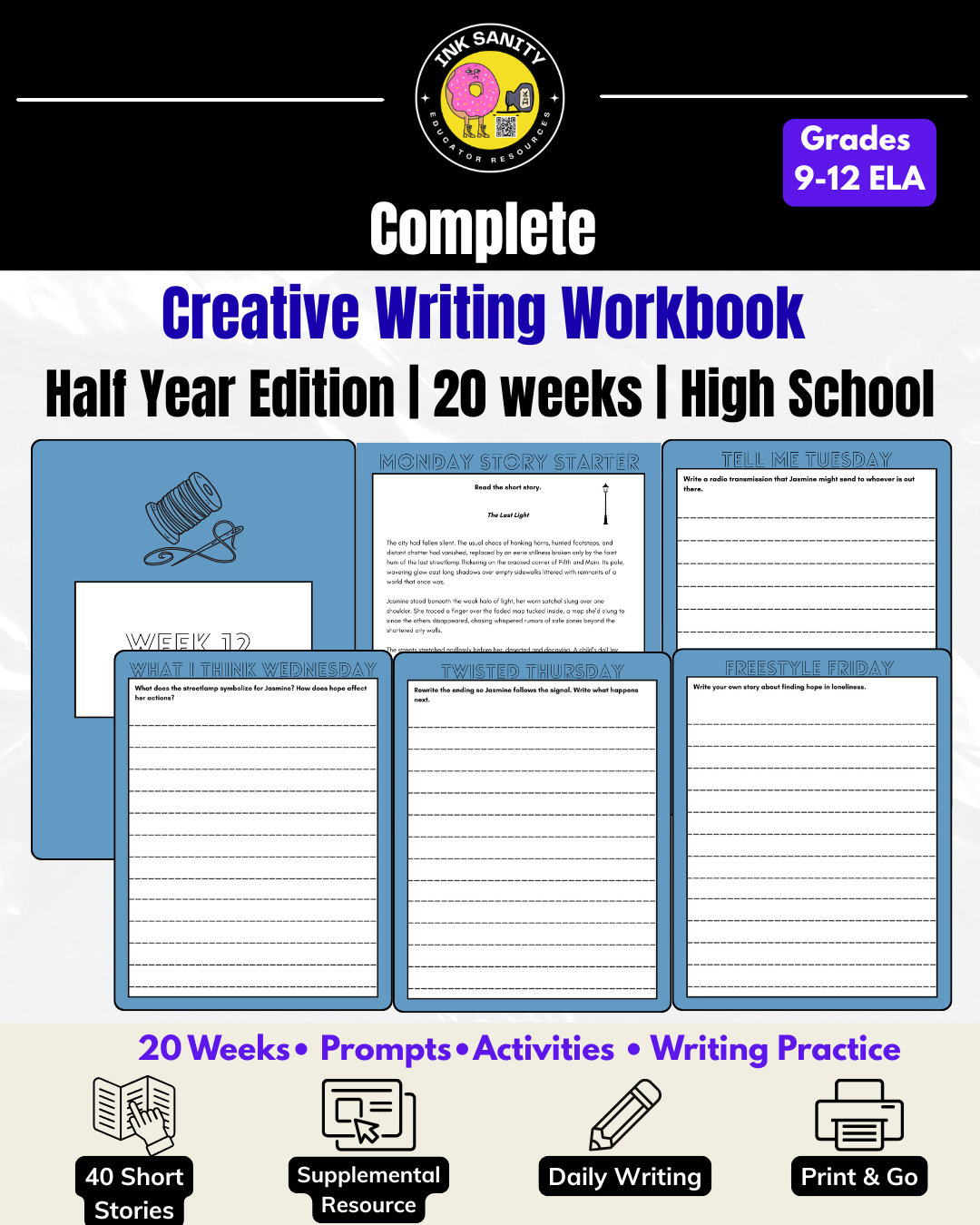 Creative Writing Workbook (Half Year) |Daily Writing + Short Stories Grades 9-12