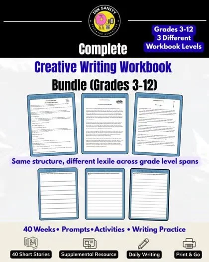 Cut down your prep time and check out our Creative Writing Workbook Bundle for grades 3-12! We have 120 short stories and 480 structured writing prompts to help you establish a predictable, easy-to-follow writing routine with your students through th