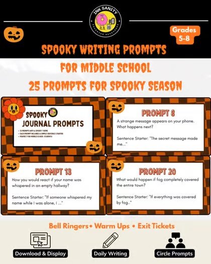 For less than the price of a seasonal latte, you can buy your class a month&rsquo;s worth of Spooky Story Writing Prompts!

These prompts are perfect for:

- Bell Ringers &amp; Warm Ups
- Creative Writing Practice
- October &amp; Halloween Activities