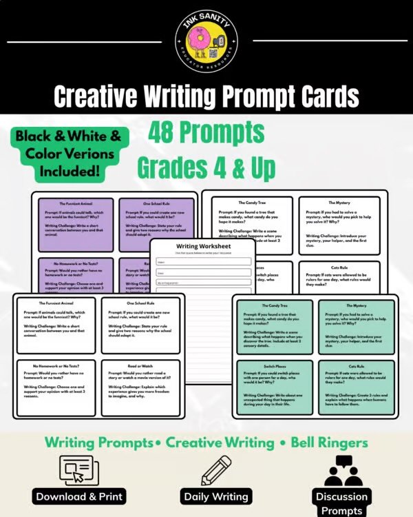 No need to worry about prepping engaging writing activities with your students, we got you covered! Our Creative Writing Prompt Cards contain 48 prompts for you to use throughout the year with your class.

Each card has a prompt and a writing challen