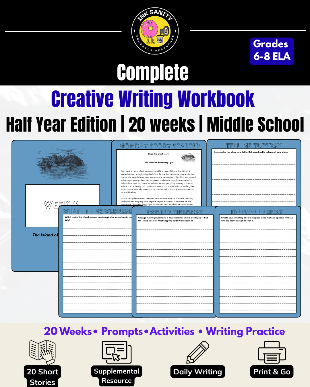 Creative Writing Journal (Half Year) Daily Writing + Short Stories (Grades 6-8)