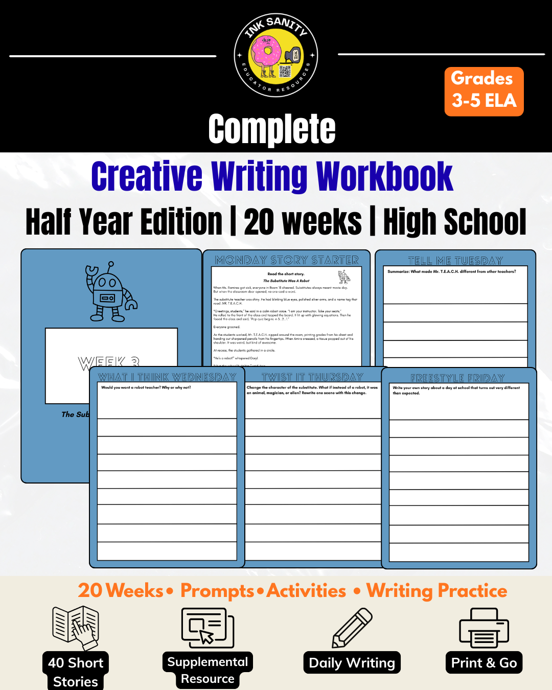 Creative Writing Workbook (Half Year) Daily Writing + Short Stories (Grades 3-5)