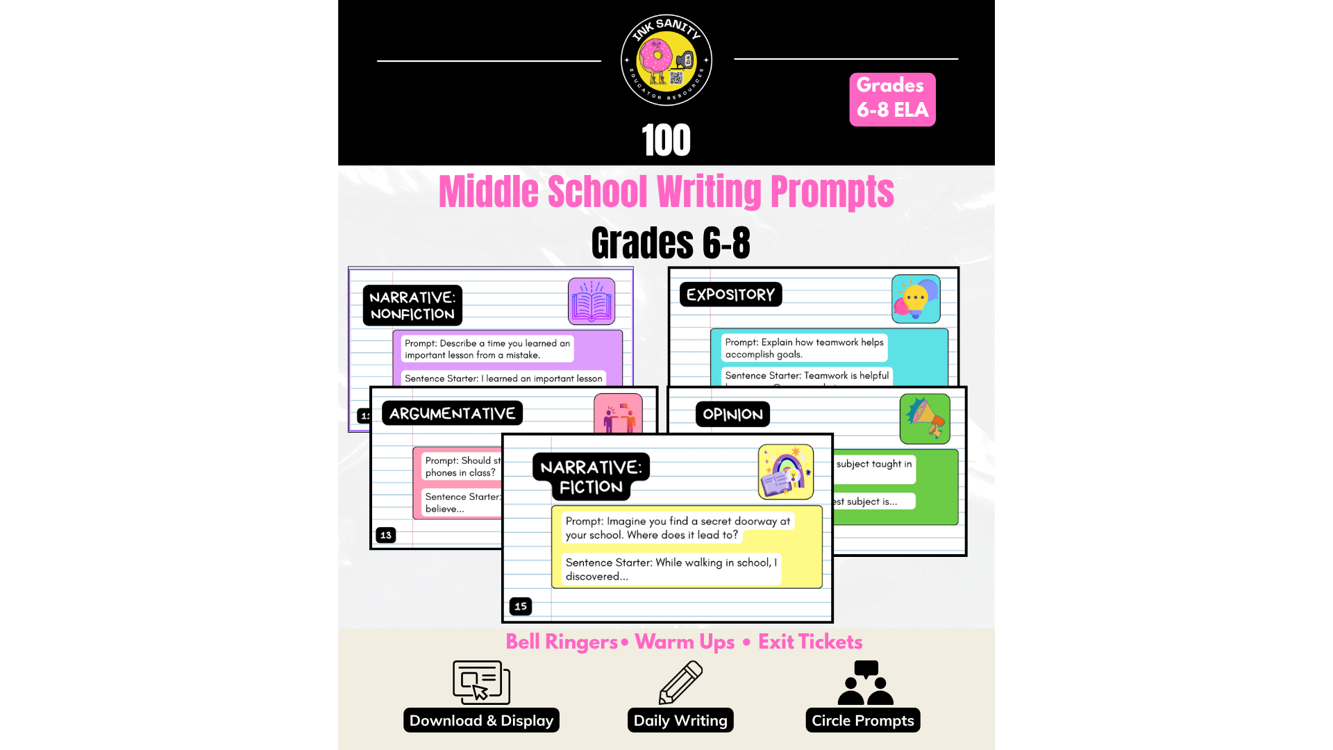 Middle School Daily Writing Prompts: 100 Prompts | Includes 4 Writing Styles