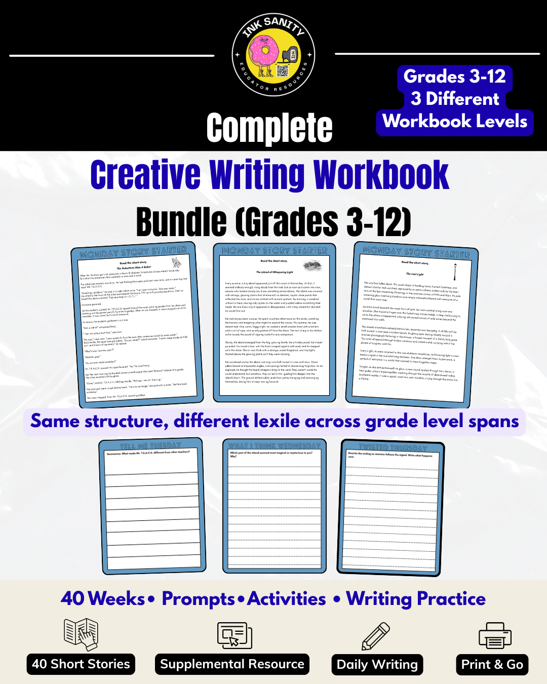 Creative Writing Workbook FULL YEAR Daily Writing + Short Stories (Grades 9-12) InkSanity EDU