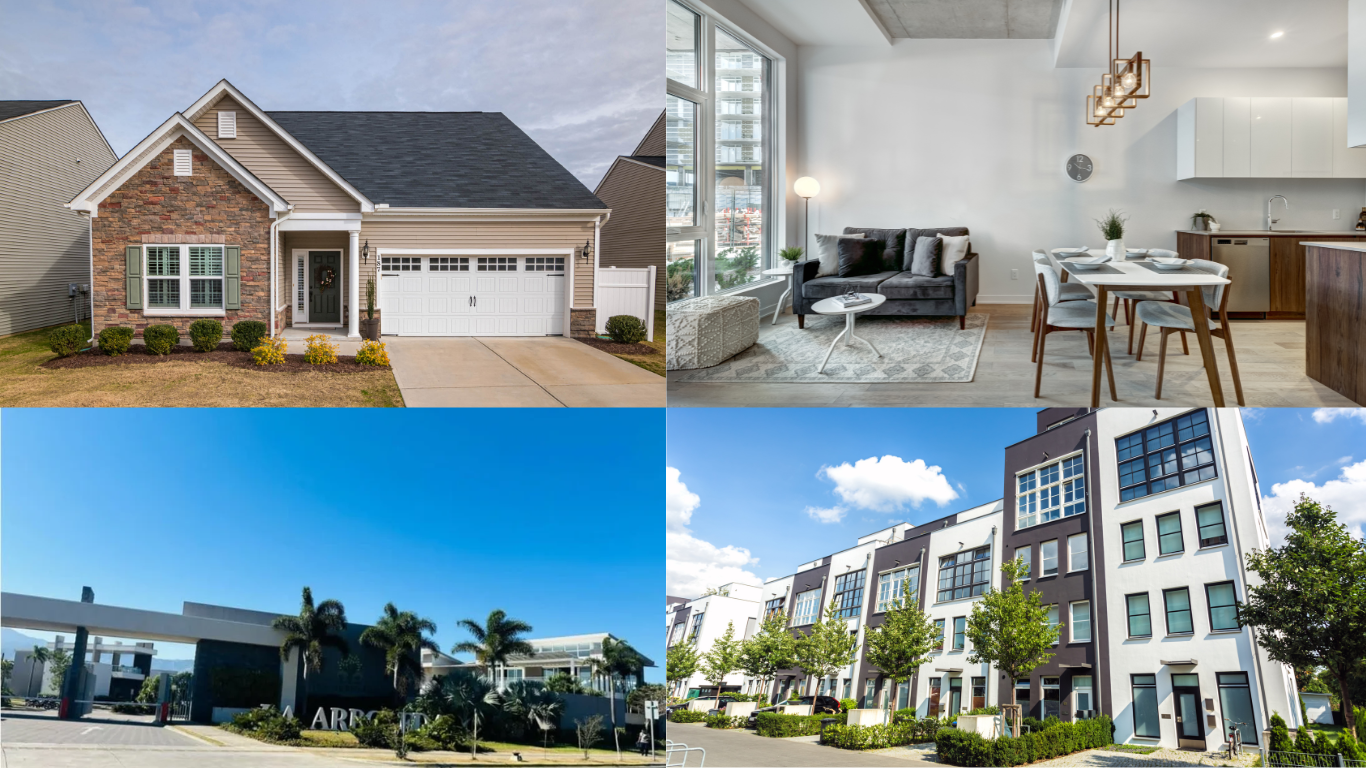 Una imagen compuesta por cuatro fotos que muestran diferentes tipos de propiedades: una casa unifamiliar, un interior moderno de sala y comedor, un complejo residencial con palmeras y un edificio de apartamentos con árboles alrededor.