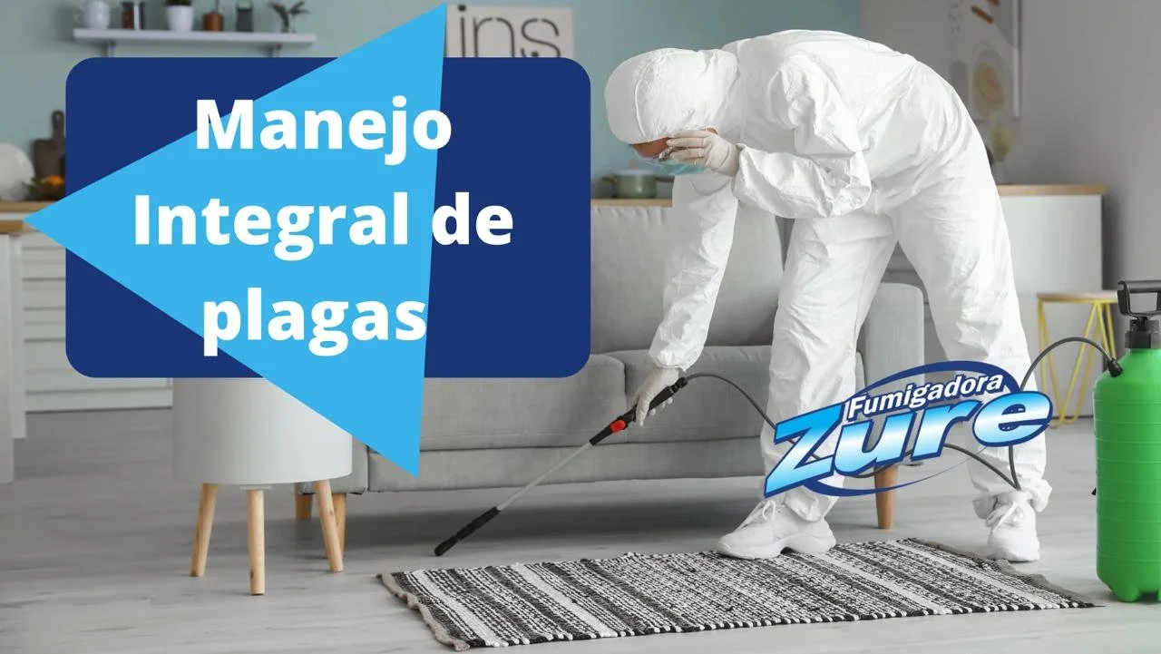 Persona en traje protector aplicando control de plagas en una habitación, texto "Manejo Integral de Plagas" y logo de Fumigadora Zure.