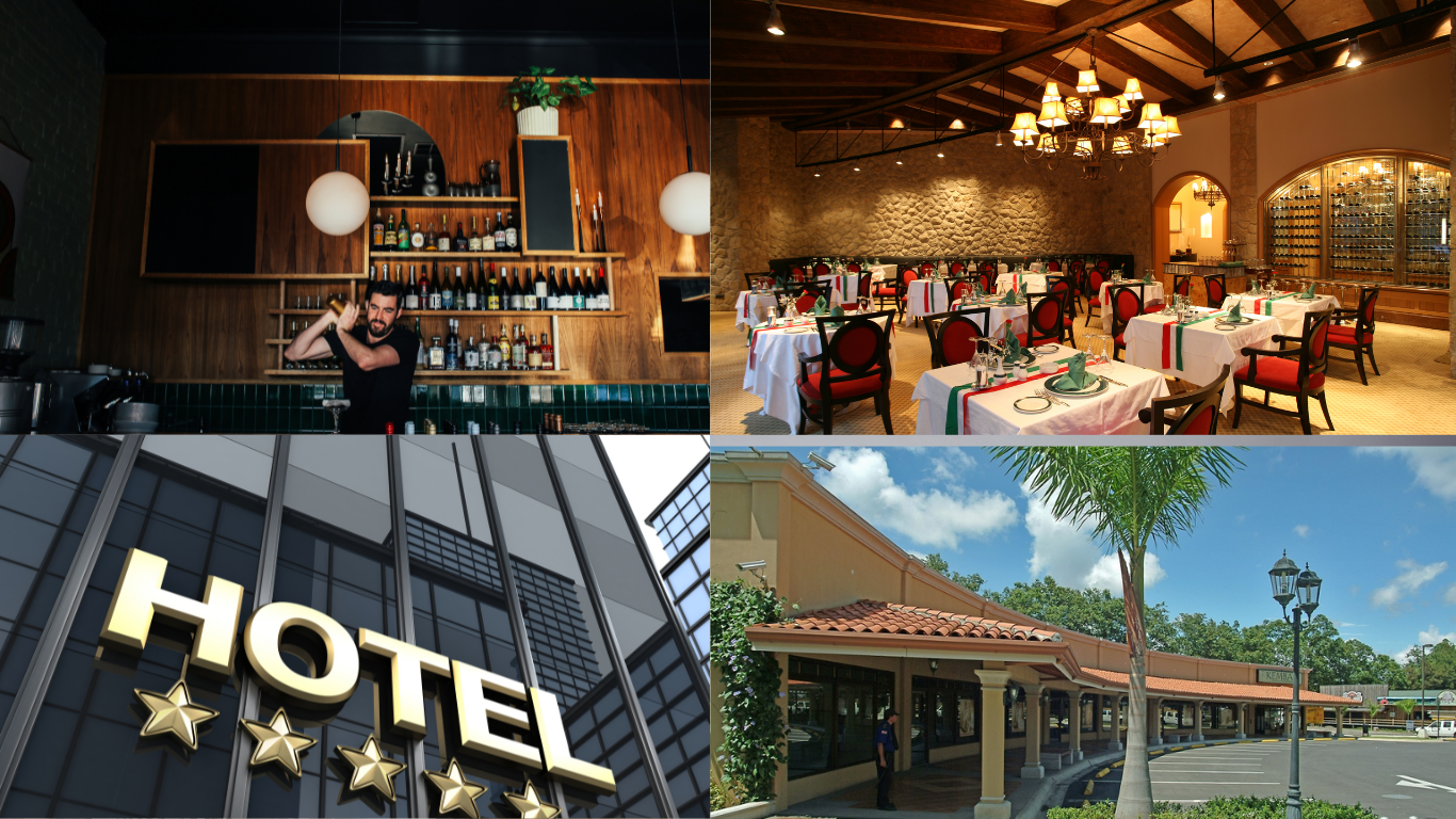 Collage de cuatro imágenes: un bar con bartender, un restaurante elegante con mesas preparadas, un letrero de hotel de cinco estrellas y un centro comercial con palmeras.