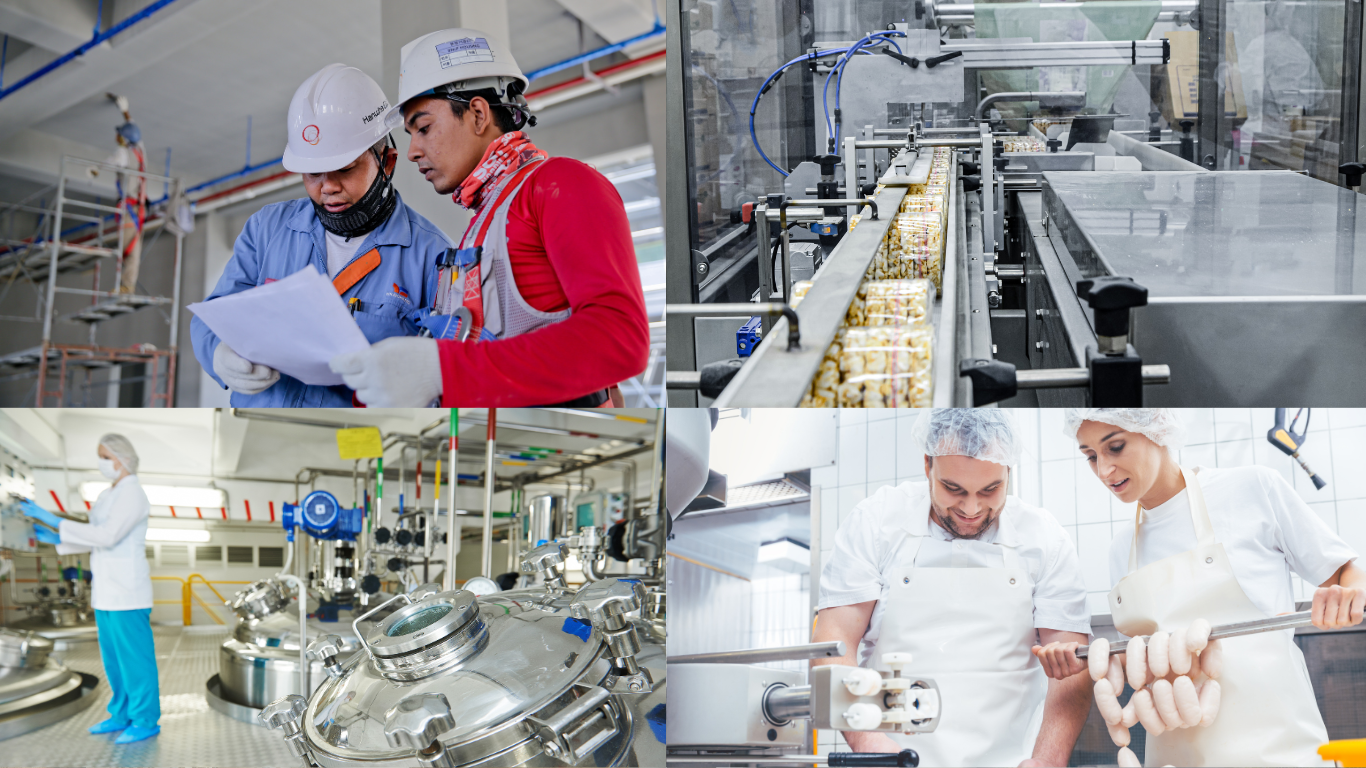 Collage de escenas industriales: trabajadores con planos, línea de producción automatizada, sala de control en fábrica, y personas haciendo embutidos.