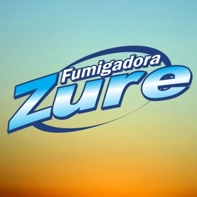 Logotipo de "Fumigadora Zure" con fondo en degradado de colores cálidos.