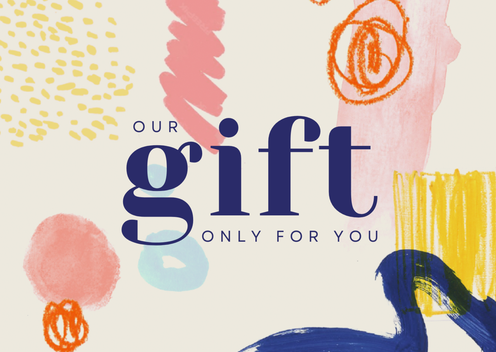 De Knusse Kunst cadeaubon. Kleurrijke abstracte kunst met de tekst 'Our gift only for you'