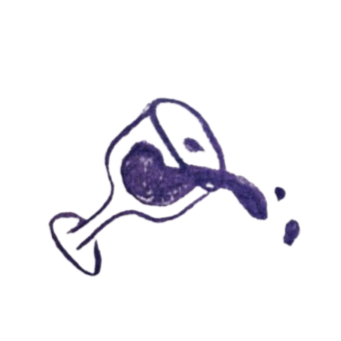 Een cartoonachtige tekening van een glas wijn dat morst