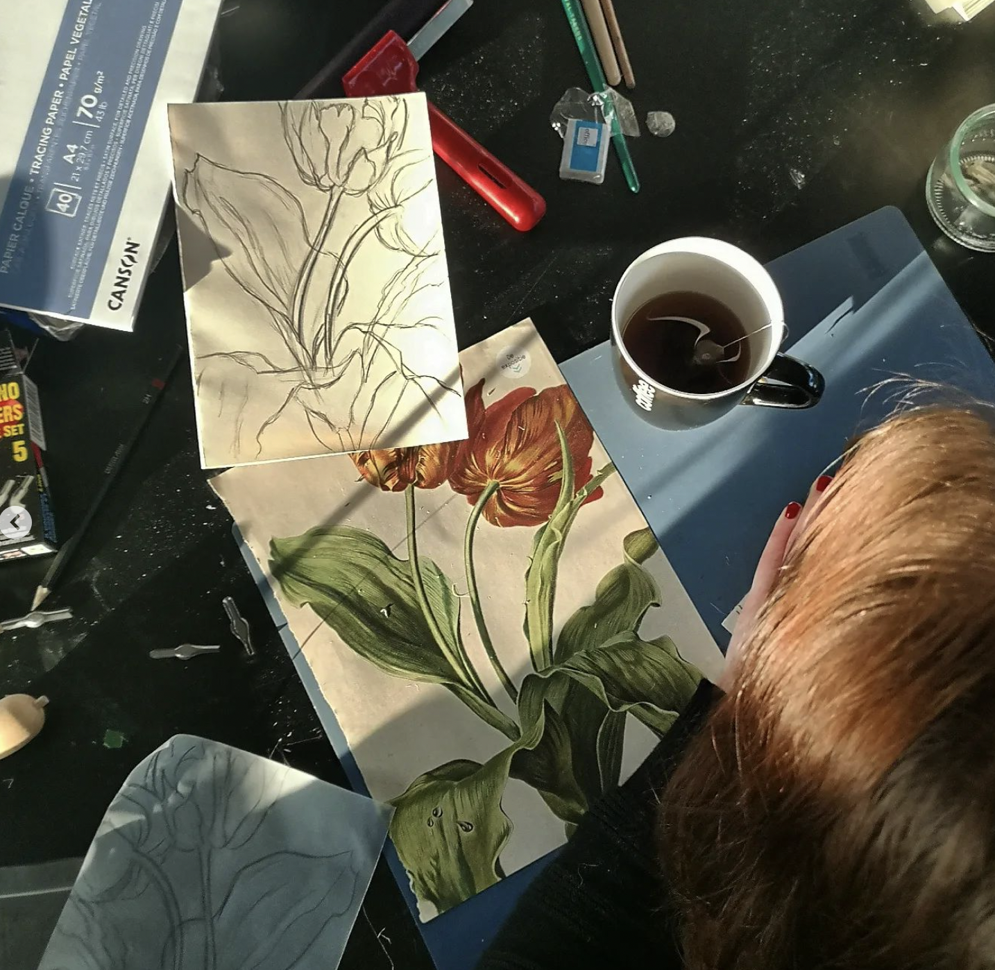 Een persoon die een botanisch kunstwerk maakt van een tulpenplant; er ligt een bloemenafbeelding en een schets op de tafel, met een kop thee, potlood, en kunstmaterialen.