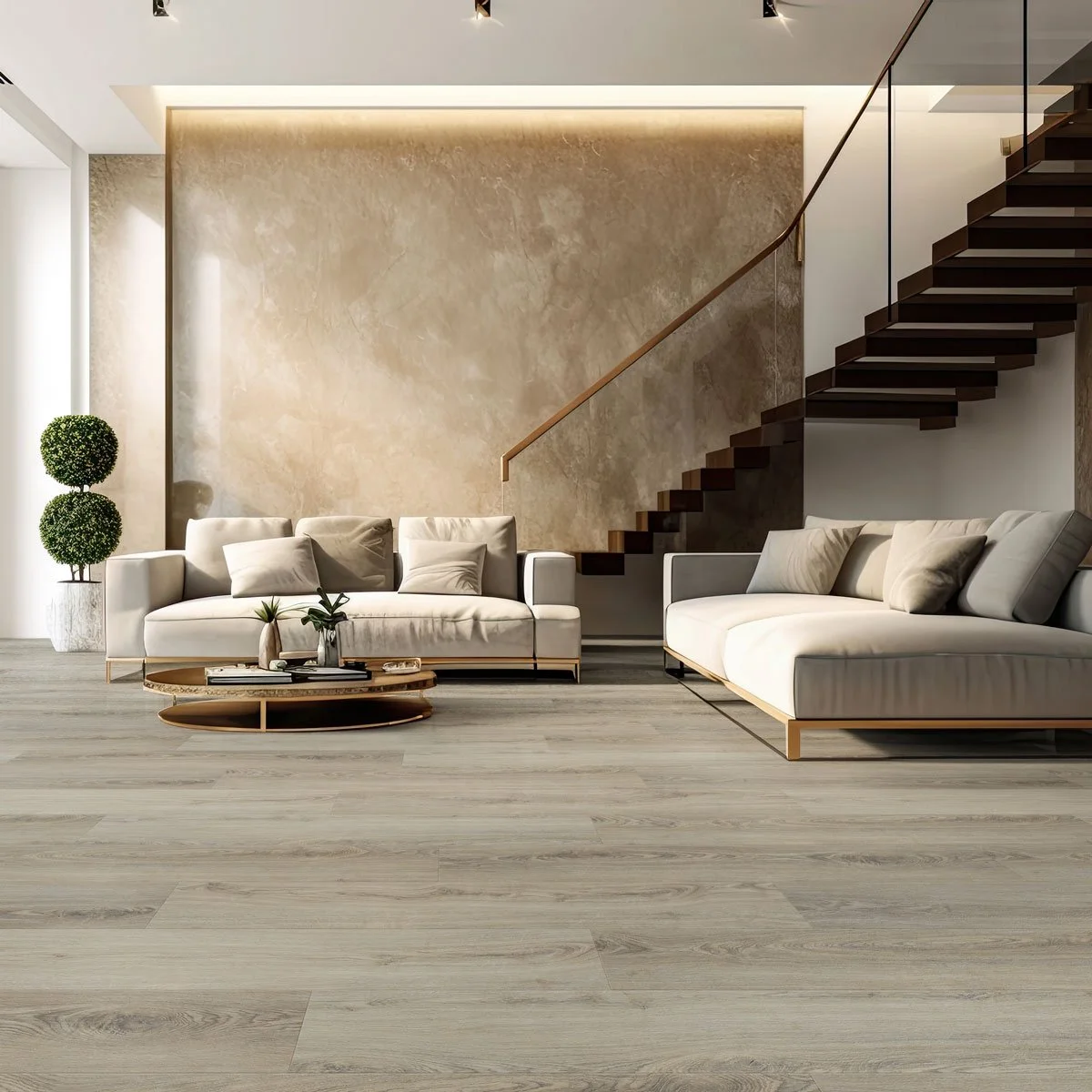 Illustrious flooring in a modern living room and kitchen area