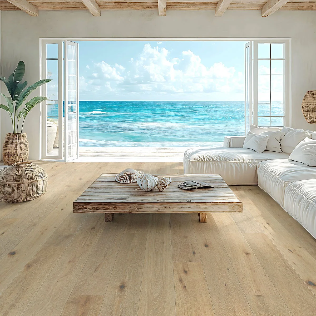 Happy Hour flooring in a living room looking out to the ocean