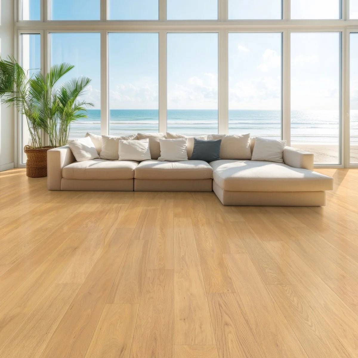 Breakers flooring in a living room looking out to the ocean