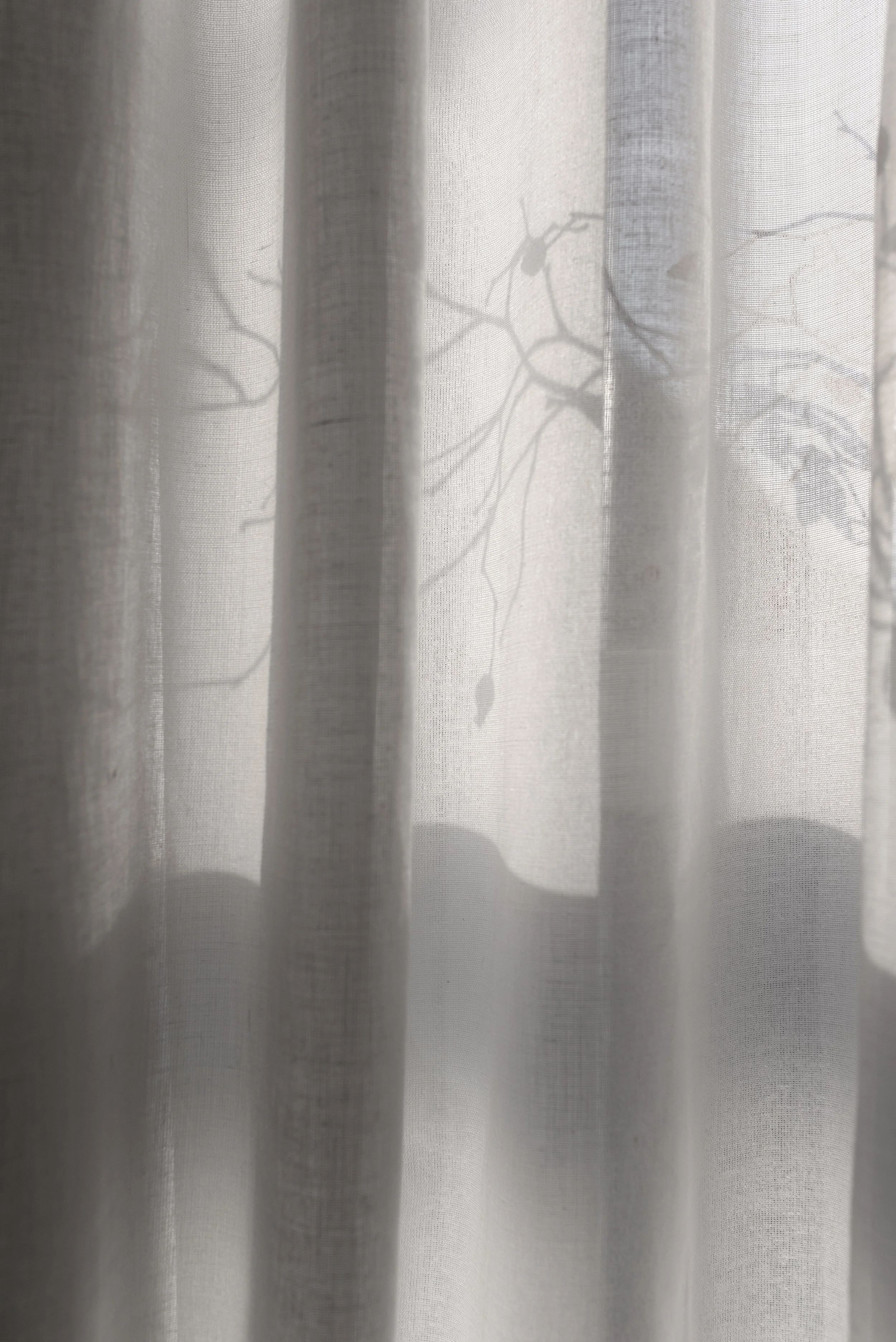 Close-up view of sheer white curtains with sunlight casting shadows of tree branches on the fabric.