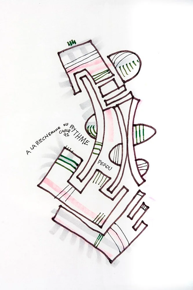   Gilles Carle ,  À la recherche du RYTHME perdu , 1992, Felt pen, 7.5" x 11" (19,05 x 27,94 cm) 