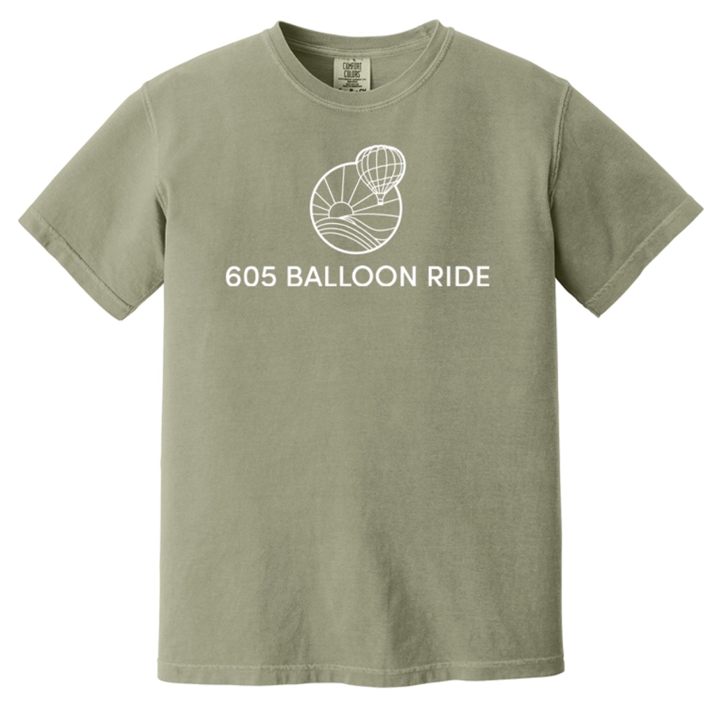 Green T-shirt with white graphic of a hot air balloon and the text "605 Balloon Ride".