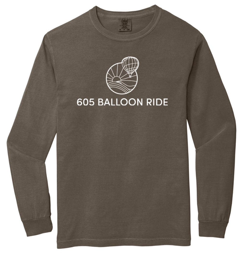 Brown long sleeve shirt with a white graphic of a hot air balloon and a sun, and the text '605 Balloon Ride' underneath.