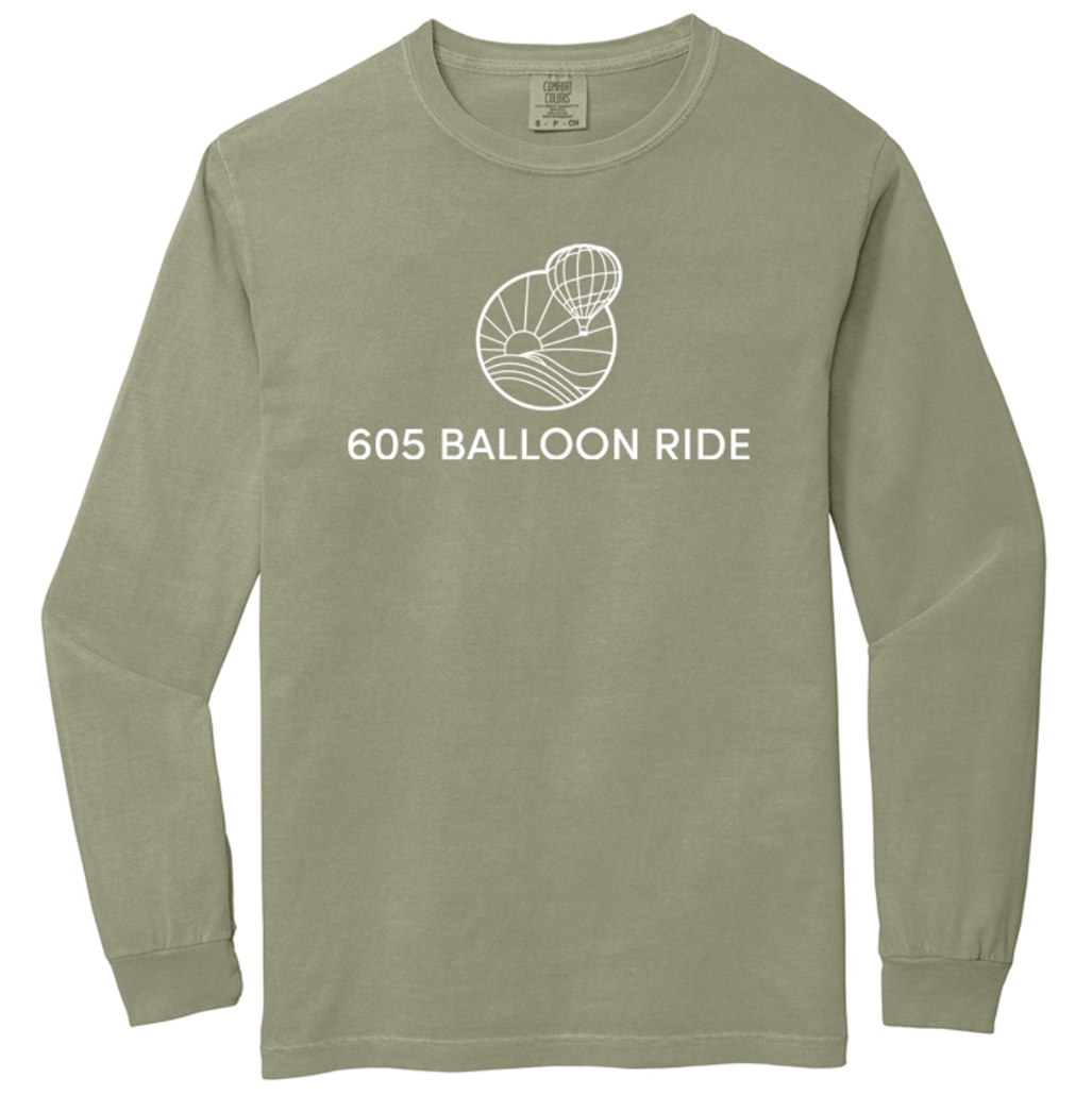 Green long sleeve shirt with a white graphic of a hot air balloon and the text "605 Balloon Ride" underneath.