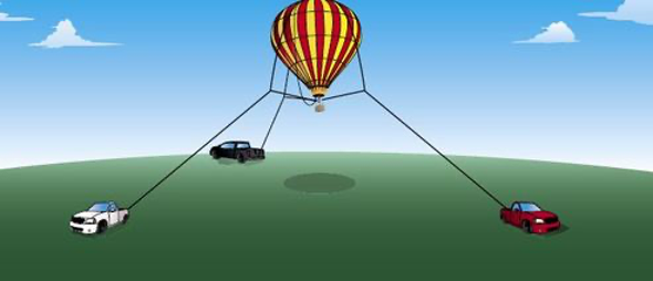 A hot air balloon flying in the sky attached to three cars by ropes with cloud-filled sky and green ground.