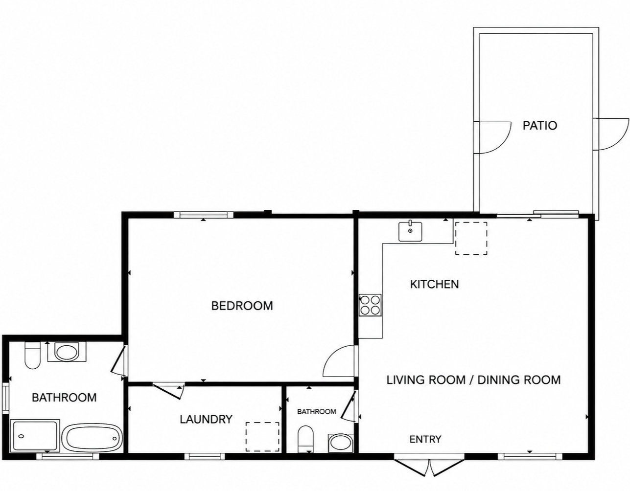 Unit 107 floor plan showing the bedroom, full bathroom, guest powder room, laundry and dressing area, open kitchen and living room, and private patio.