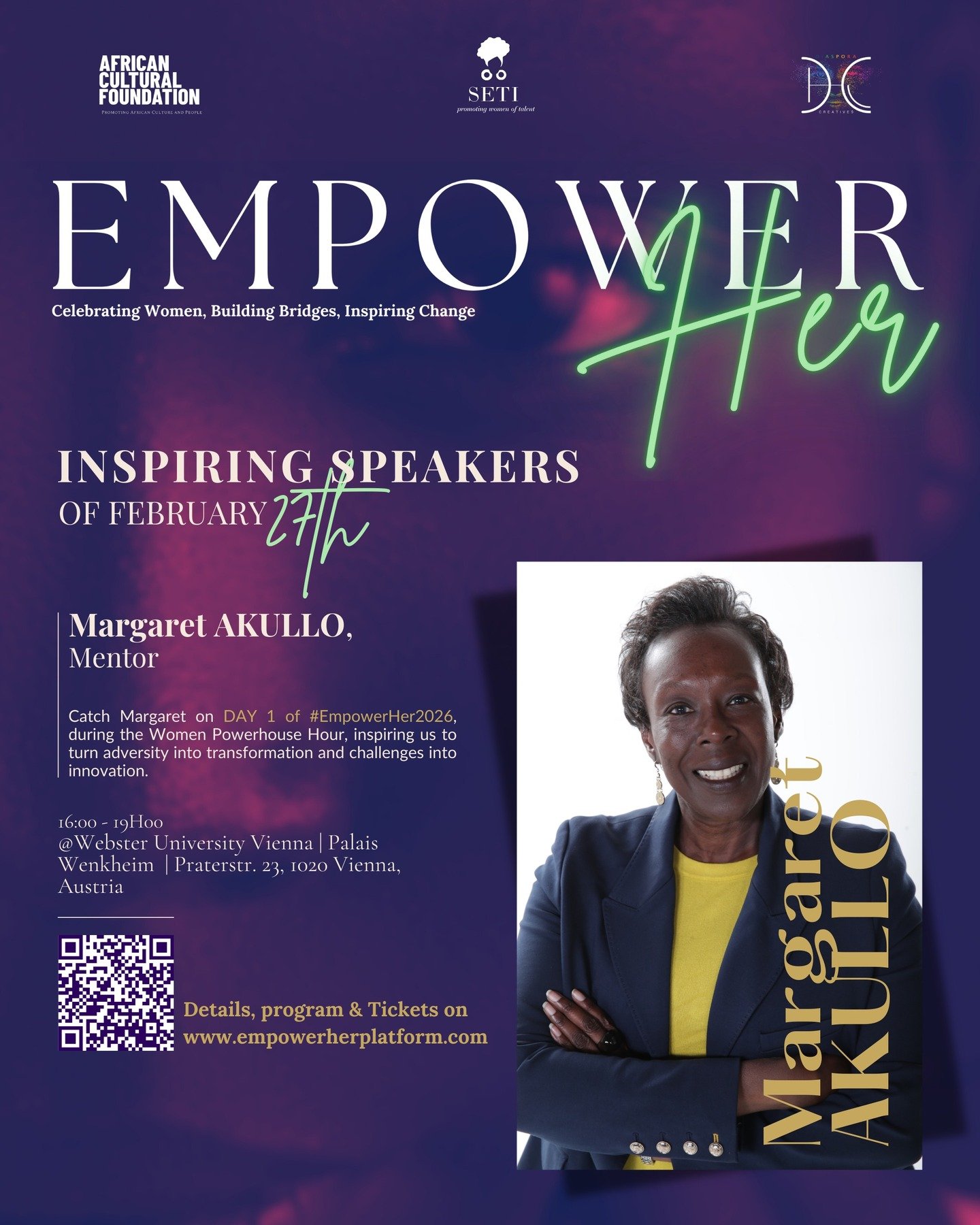 Meet our first speaker of Day 1 of EmpowerHer: "From Resilience to Renaissance" 

✨ Margaret Akullo - a global changemaker, mentor, and inspiring leader whose work bridges justice, leadership, and purpose-driven impact. With over three deca