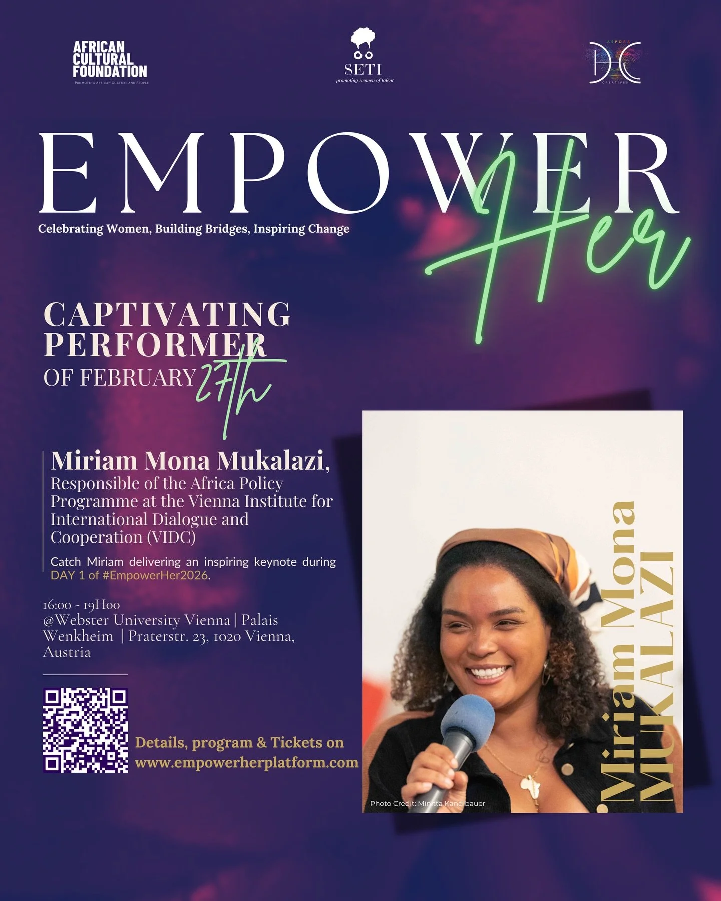 Meet our captivating keynote speaker of Day 1 at EmpowerHer 2026 ✨

Dr. Miriam Mona Mukalazi &ndash; Political Scientist and Head of the Africa Policy Programme at the Vienna Institute for International Dialogue and Cooperation (@vidc_viennainstitute