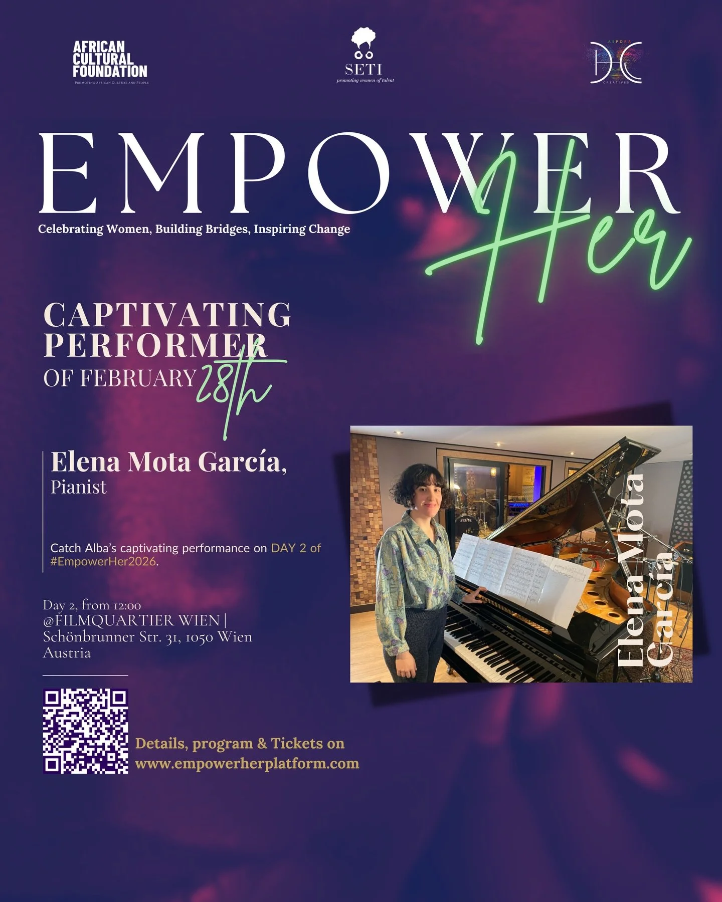 CAPTIVATING PERFORMER ✨

We are delighted to introduce Elena Mota Garc&iacute;a, the talented pianist who will grace the stage on Day 2 of EmpowerHer 2026. 🎹

Deeply captivated by the piano since childhood, Elena began her musical journey in Spain a