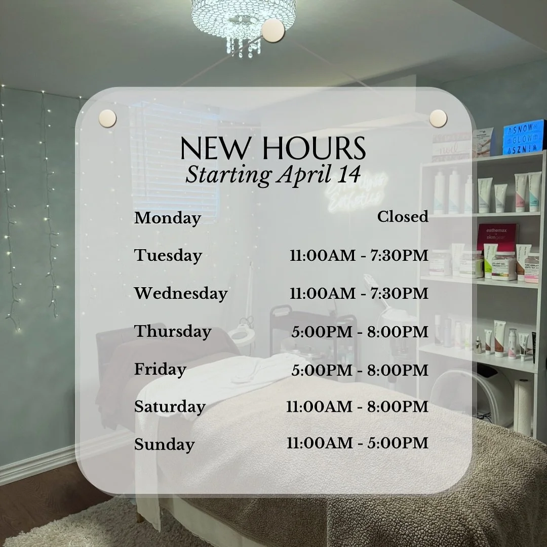 New Hours in effect on Tuesday April 14th!!!!

I&rsquo;m so excited because this new schedule allows me to work with more of you and do what I do best, customizable and results.

Click the link in my bio to book a facial, microdermabrasion, waxing or