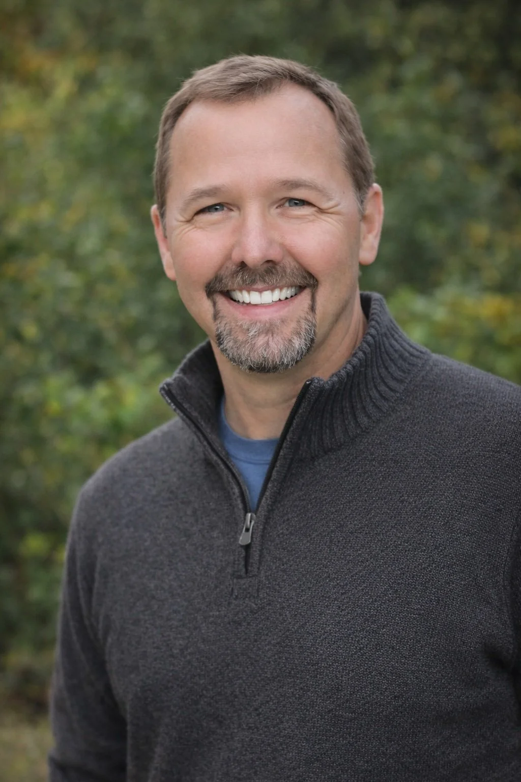 A smiling man with light brown hair, a beard, and a mustache, wearing a dark gray zip-up sweater over a blue shirt, outdoors with green foliage in the background.