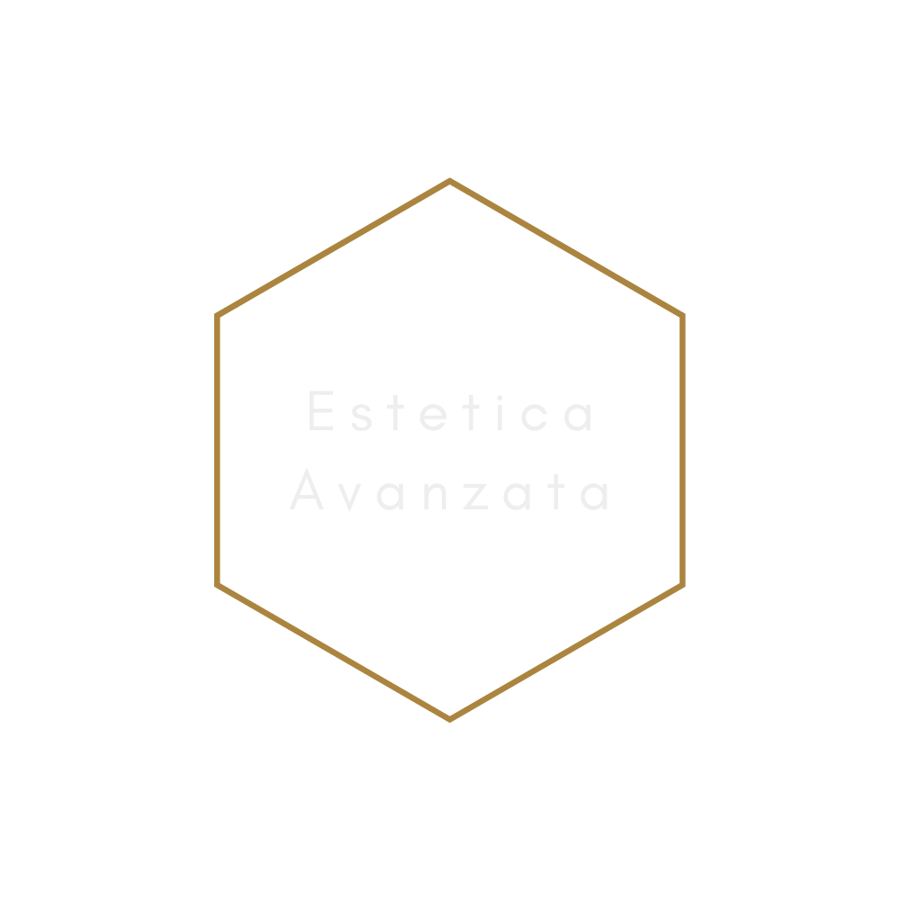 Logo con testo 'Estetica Avanzata' all'interno di un esagono dorato su sfondo nero.