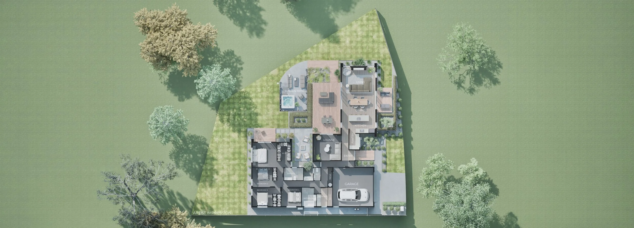 Top view of a modern house floor plan surrounded by green lawn and trees, including labeled rooms such as garage, bedrooms, kitchen, lounge, dining, living, pantry, sunken patio, and outdoor spaces.