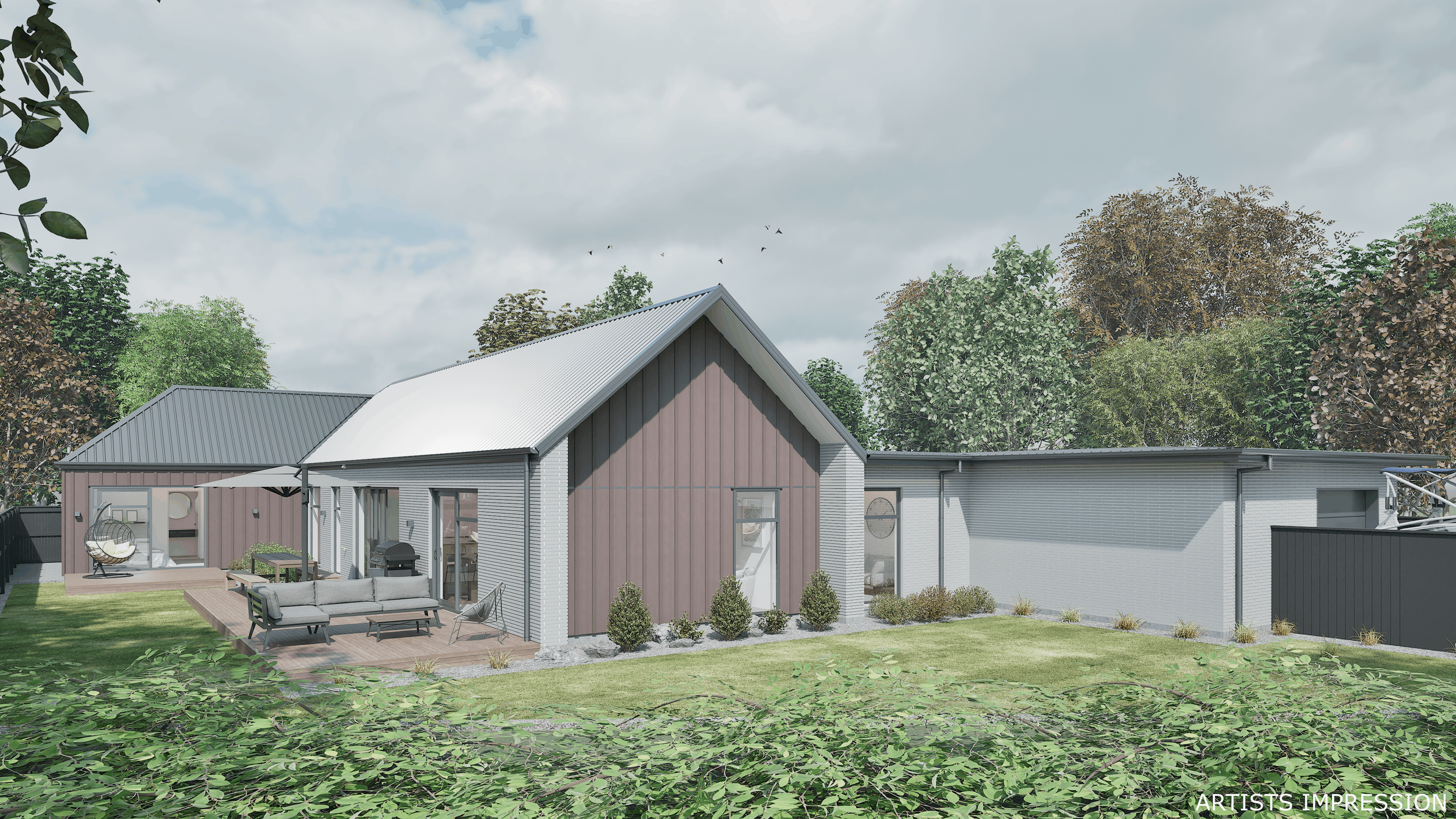 A modern house with grey and pink siding, metal roof, outdoor furniture on deck, surrounded by trees, under cloudy sky with birds flying.