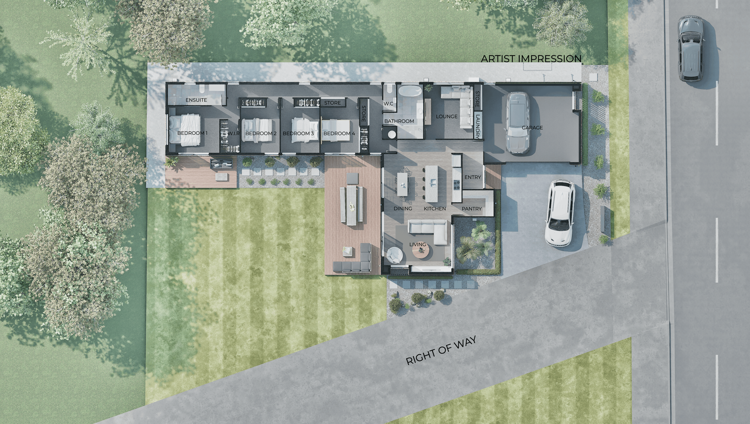 A detailed 3D floor plan of a single-story house shows various rooms including bedrooms, bathrooms, living room, kitchen, and garage. Exterior features include landscaped lawns and trees, with paved driveways and parking spaces.