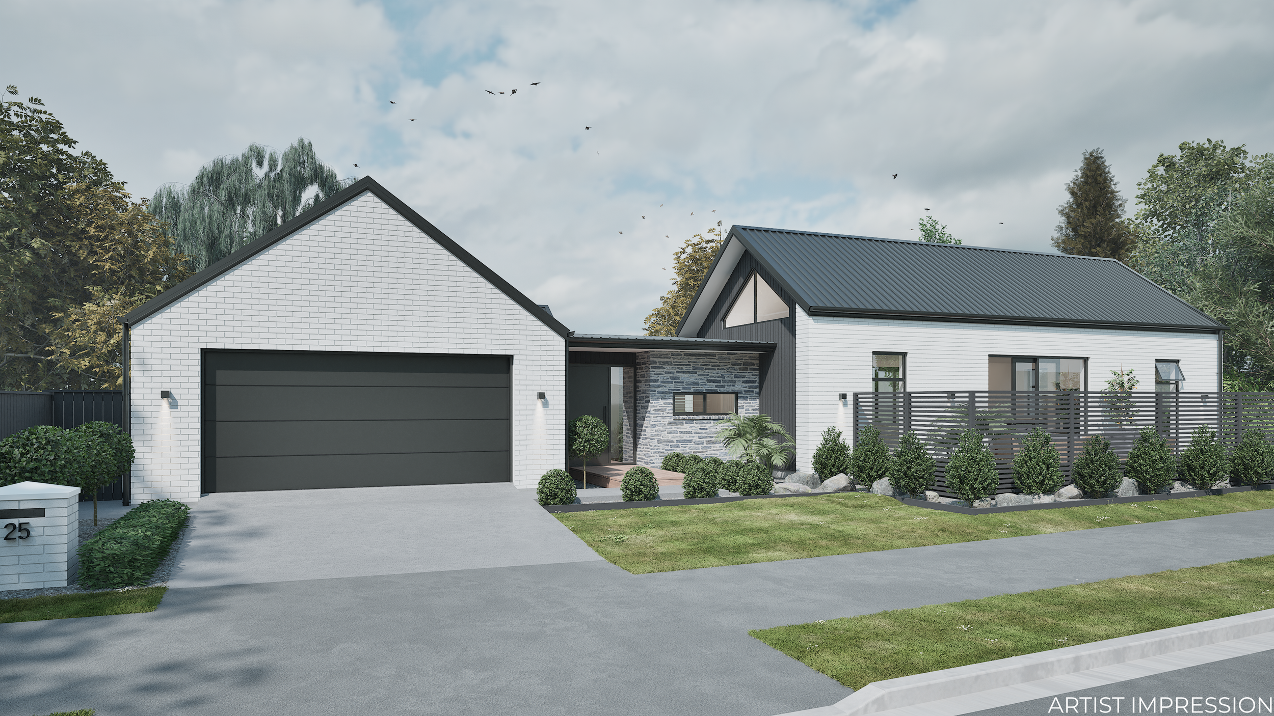 Modern house with white brick exterior, gray garage door, and landscaped front yard with bushes and trees.