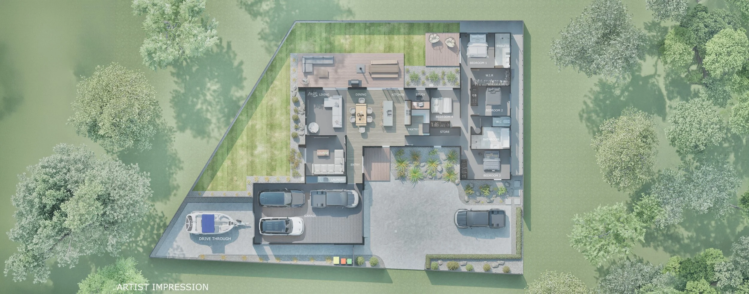 Top-down view of a modern single-story house with multiple bedrooms, living, dining, kitchen areas, and outdoor spaces, surrounded by trees and lawn.