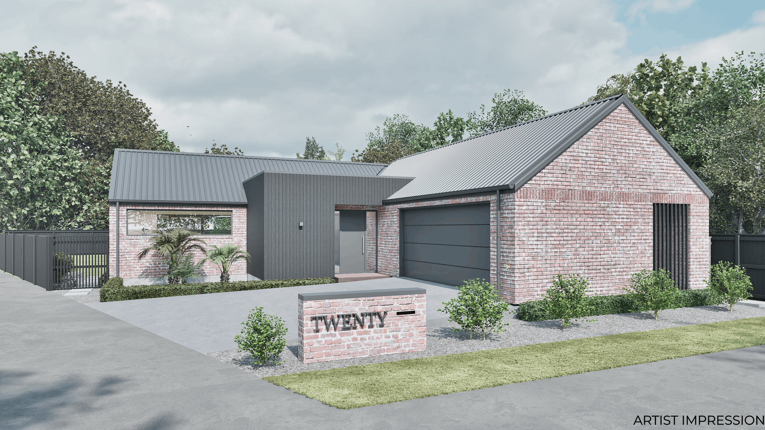 Modern house with brick and dark gray exterior, metal roof, and landscaped front yard with small trees and plants.