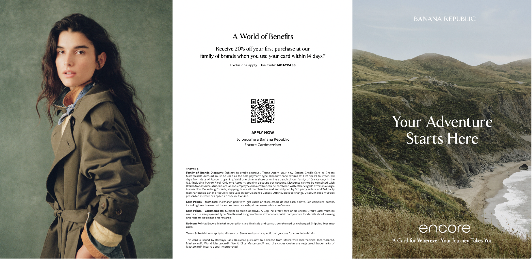 A promotional card for Banana Republic featuring a woman with dark hair wearing an green coat on the left and a scenic coastal landscape with green hills and a sandy beach on the right. The card includes text indicating rewards and adventure inspirat