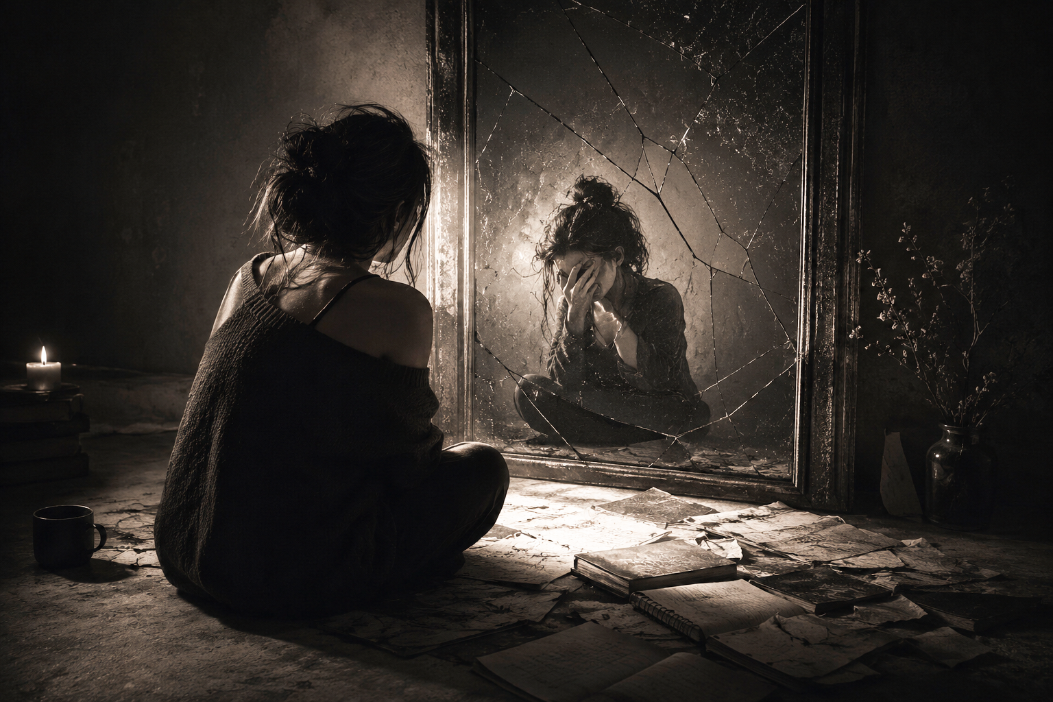 A woman sits before a cracked mirror, her reflection bowed over amid scattered journals and soft candlelight.