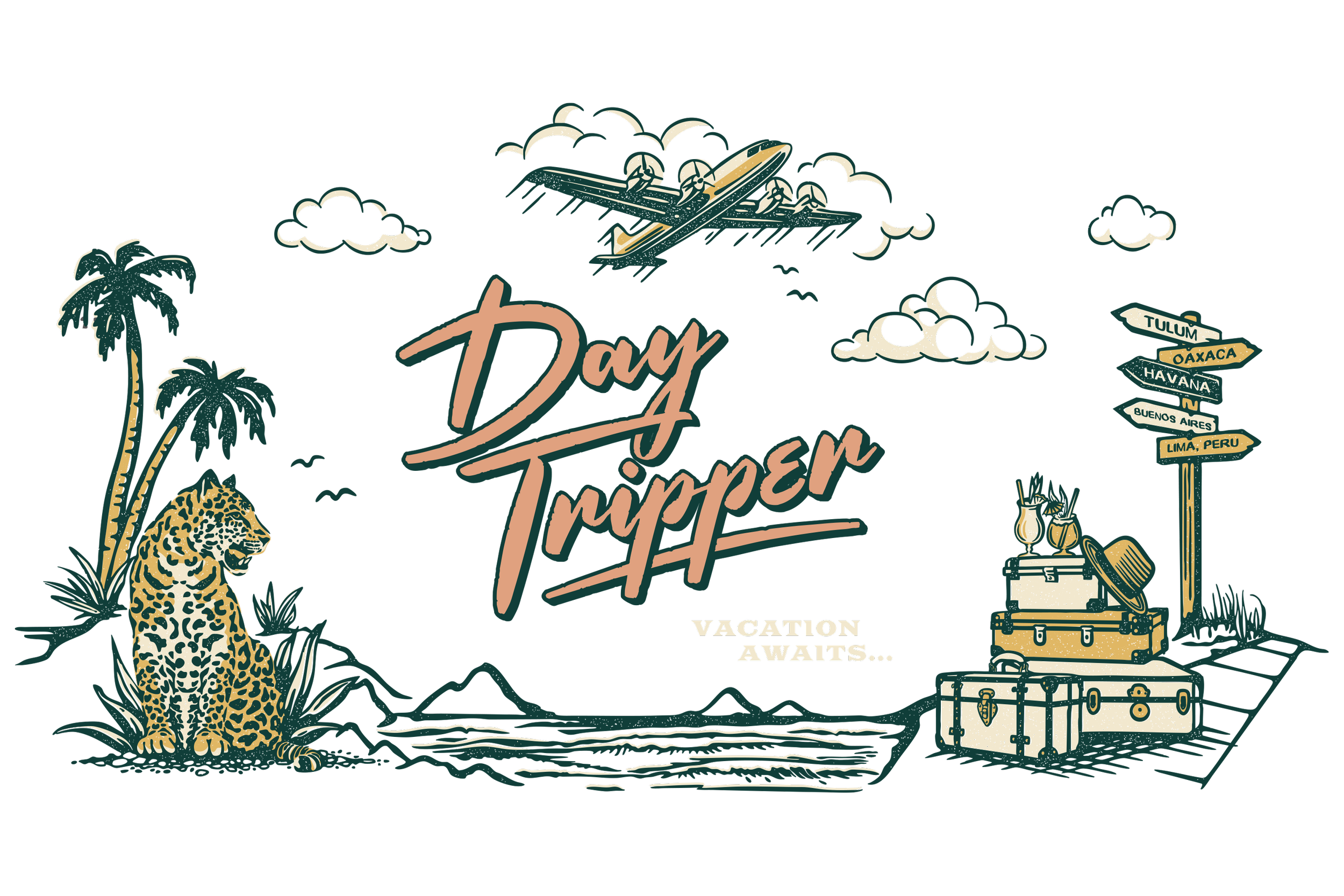 Illustrated scene of a jaguar sitting near palm trees on the left, the Day Tripper logo in the center above the ocean and below an airplane ascending and a stack of luggage with cocktails and a multi-directional sign pointing to Tulum, Oaxaca, etc.