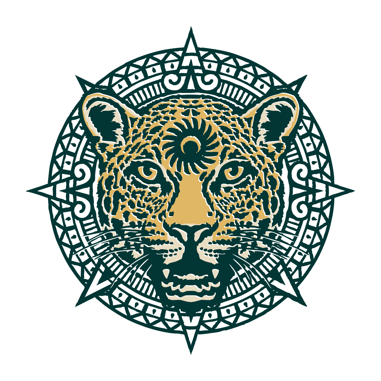 An Illustration of a Jaguar Head set on an aztec calendar collar.