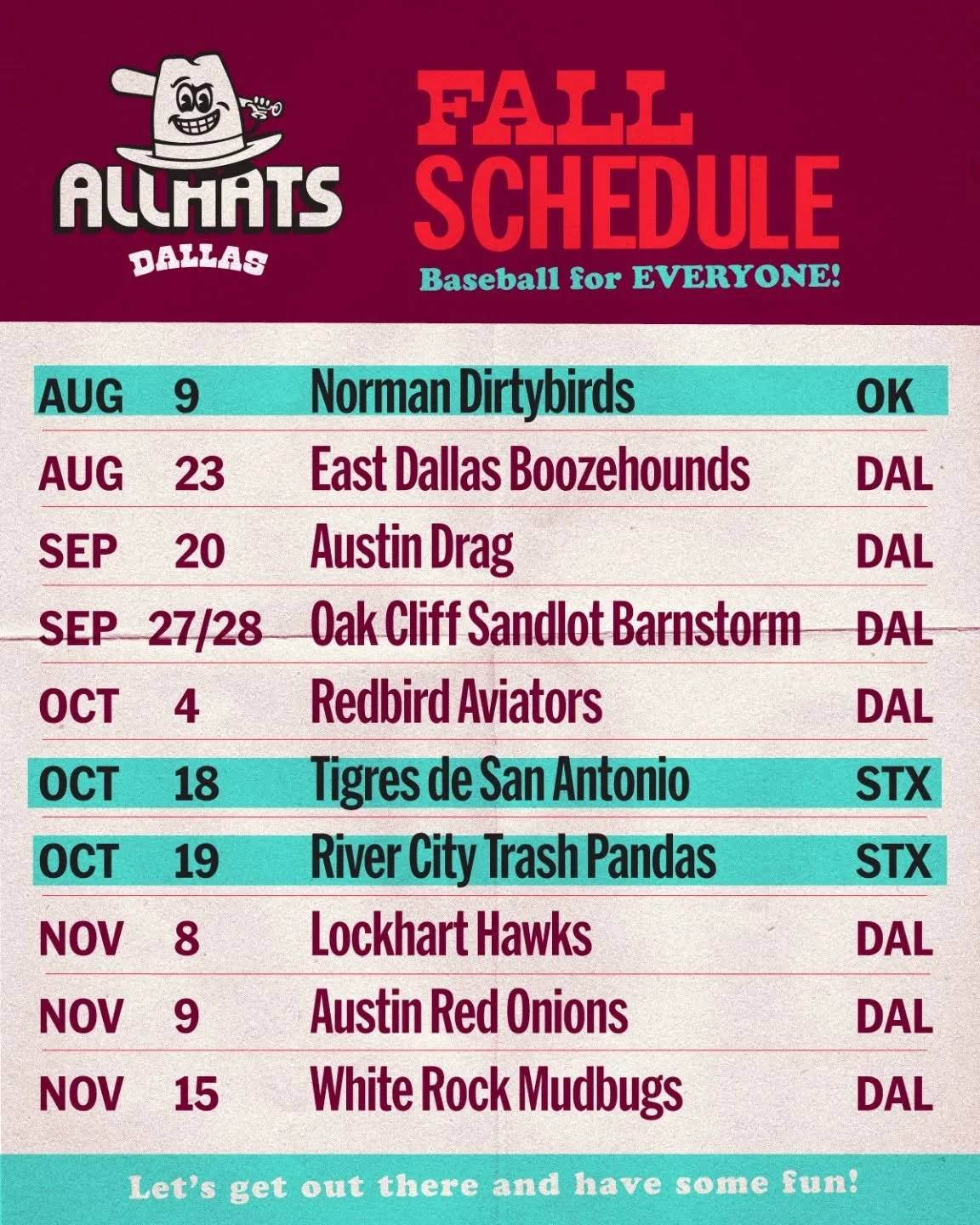 The second half of our inaugural season looks to be more big swings and friendly faces. So much to look forward to, we're ready!

⚾ ⭐ 🤠 ALL HATS NO TALENT 🤠 ⭐ ⚾