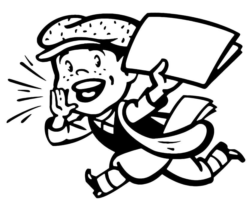 Cartoon of a young boy wearing a cap, carrying a bag, and holding a bunch of papers, smiling excitedly as he runs.