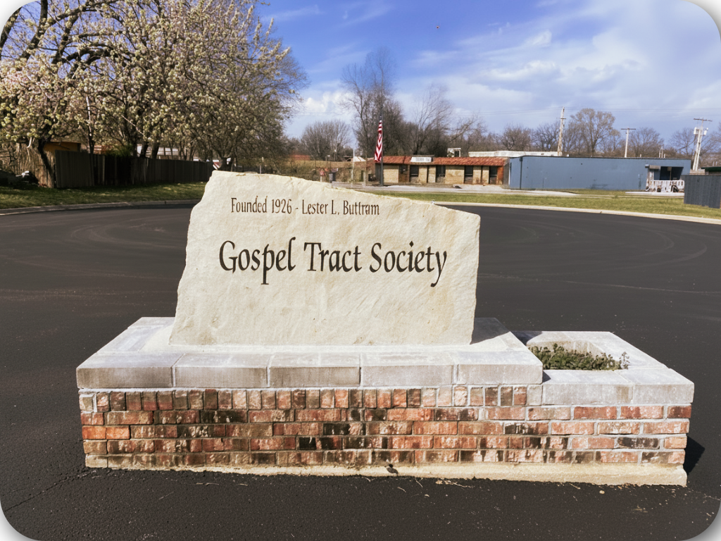 A large stone sign with the text ''Founded 1926 - Lester L. Buttram Gospel Tract Society'' on a brick and stone base, situated on a circular paved area with trees and buildings in the background.
